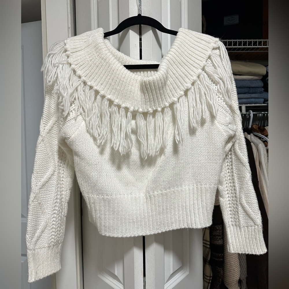 Winter White Fringe Off Shoulder Knit